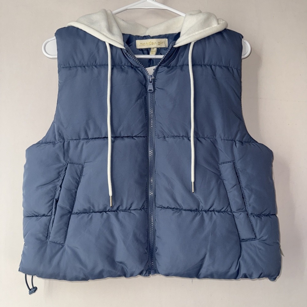 Madden Girl Womens‎ Blue Sleeveless Hooded Full-Zip Puffer Vest Size Small
